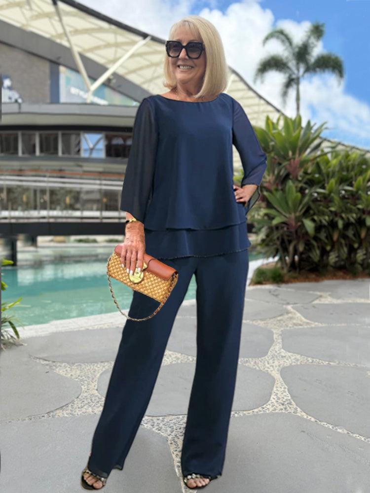 Wendy Tvådelat Set Dam – Elegant Topp med 3/4 Ärmar & Bekväma Byxor för Alla Tillfällen