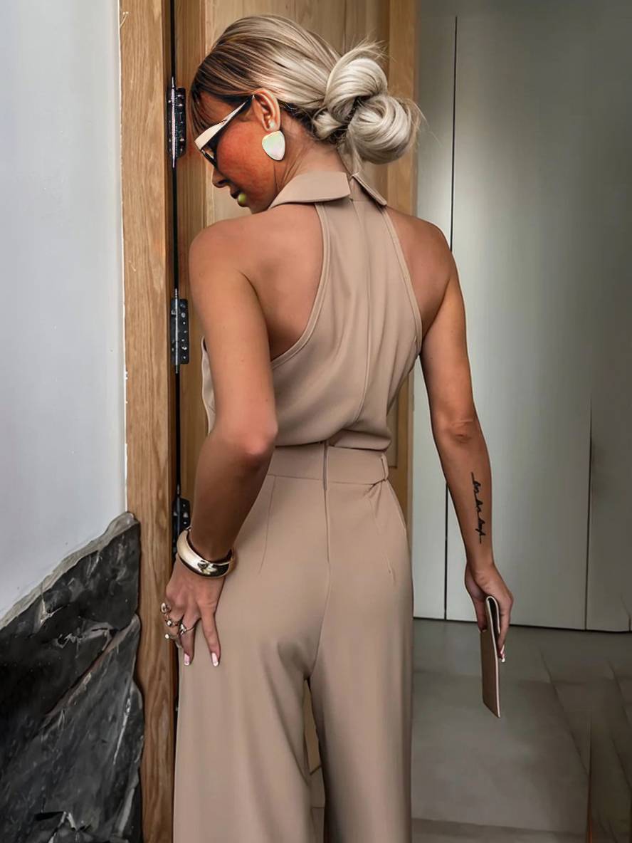 Aliya Women's Jumpsuit – Loose Sleeveless Jumpsuit with Shirt Collar, Cutouts & Pockets