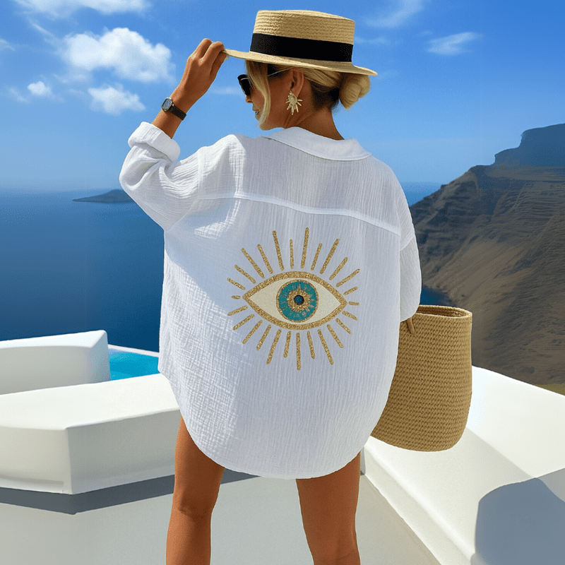 Jamie Skjorta Dam Bohemisk – Lätt Bomull Strandtunika med Skyddande Öga Broderi