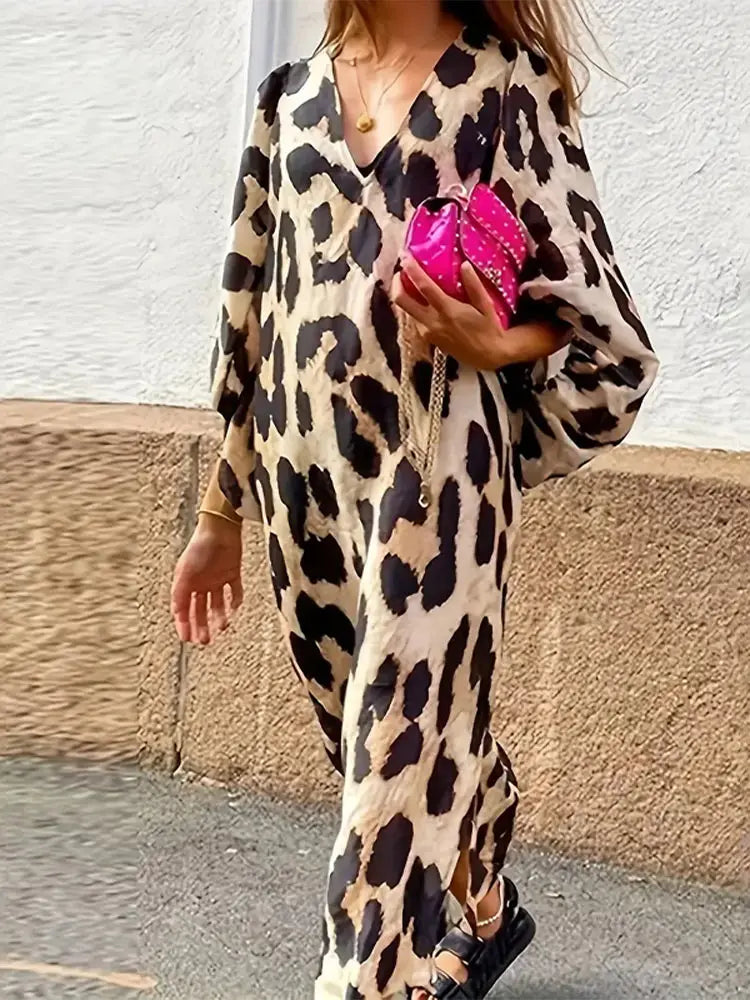 Amora Midi Dress Women – Light Leopard Dress with 3/4 Sleeves & Loose Fit for All Occasions