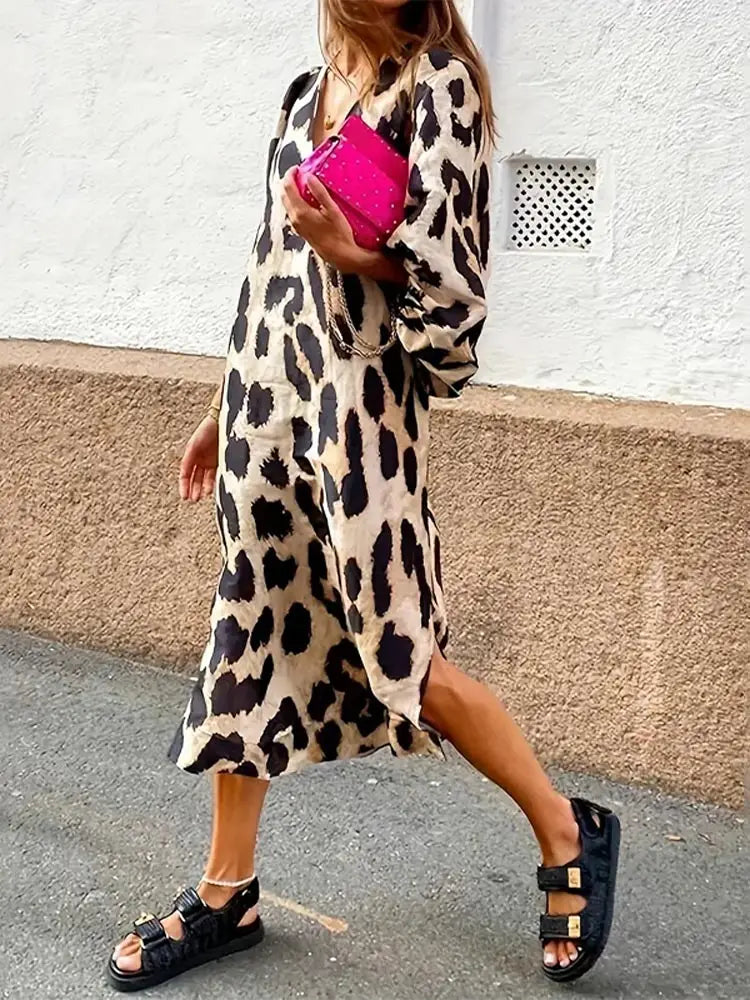 Amora Midi Dress Women – Light Leopard Dress with 3/4 Sleeves & Loose Fit for All Occasions