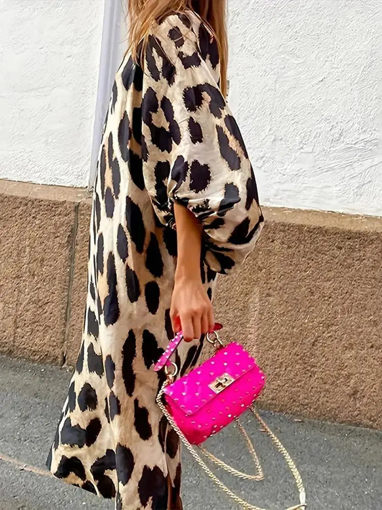 Amora Midi Dress Women – Light Leopard Dress with 3/4 Sleeves & Loose Fit for All Occasions