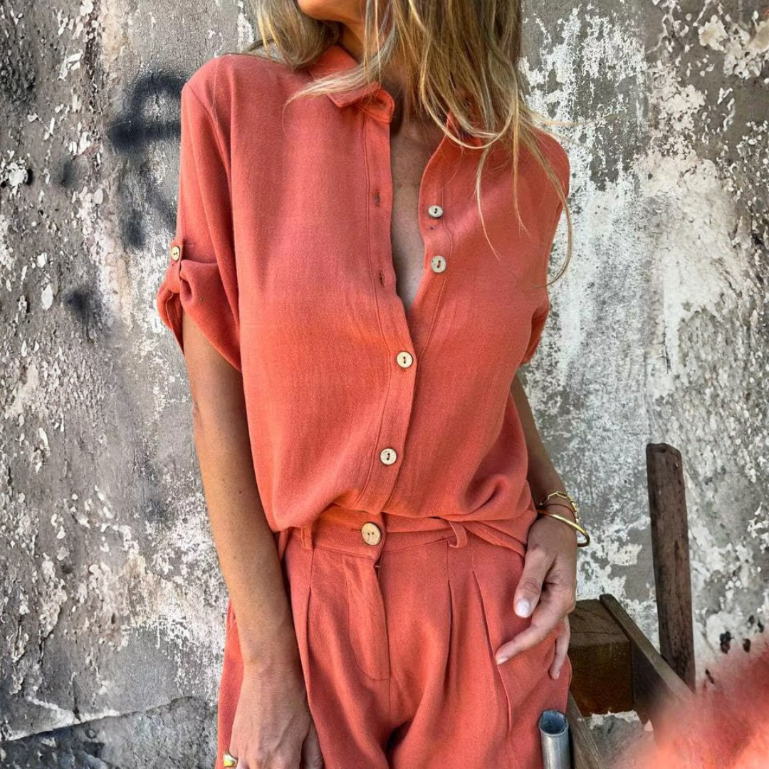 Lova dam skjort- och shortset i lila, höghöjd short med fickor