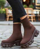 Elina dam stretchstickad sockstövel med grov lugsula i chokladbrun