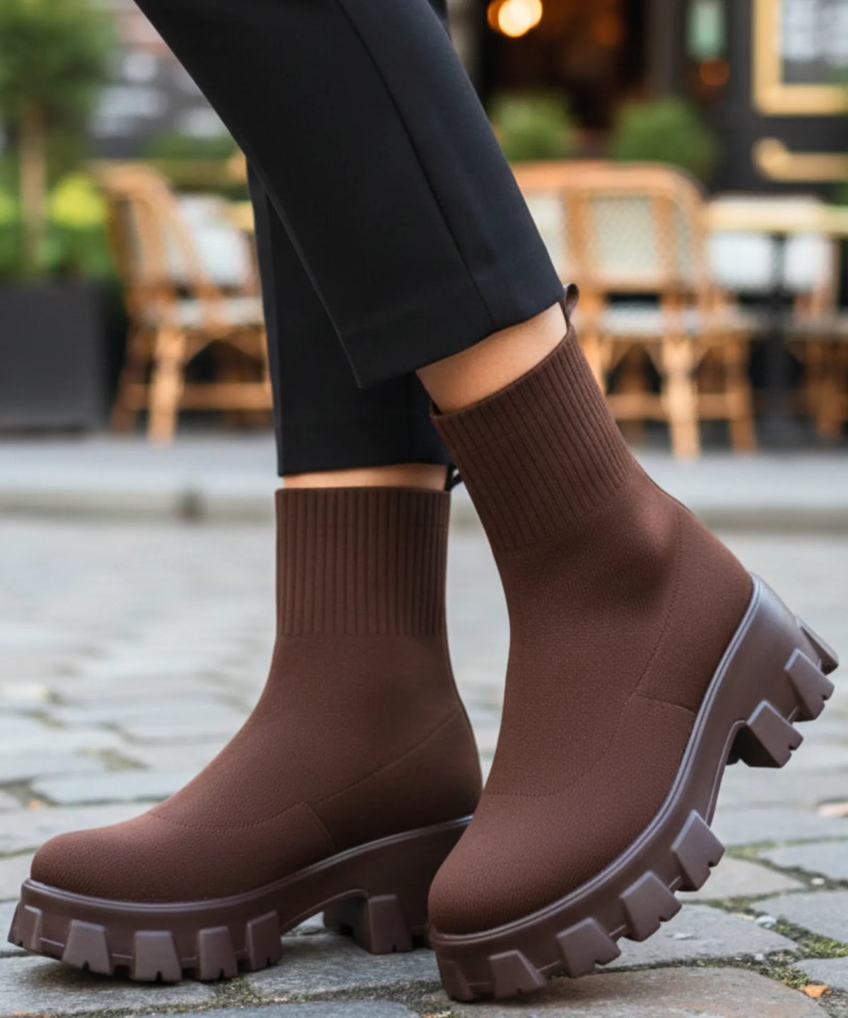 Elina dam stretchstickad sockstövel med grov lugsula i chokladbrun