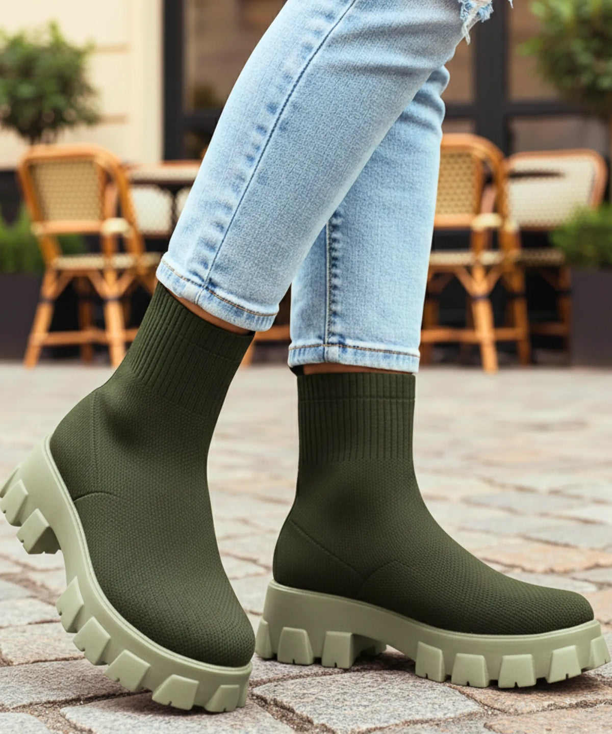 Armygrön stretchstickad sockstövel med rundad tå och stabil front