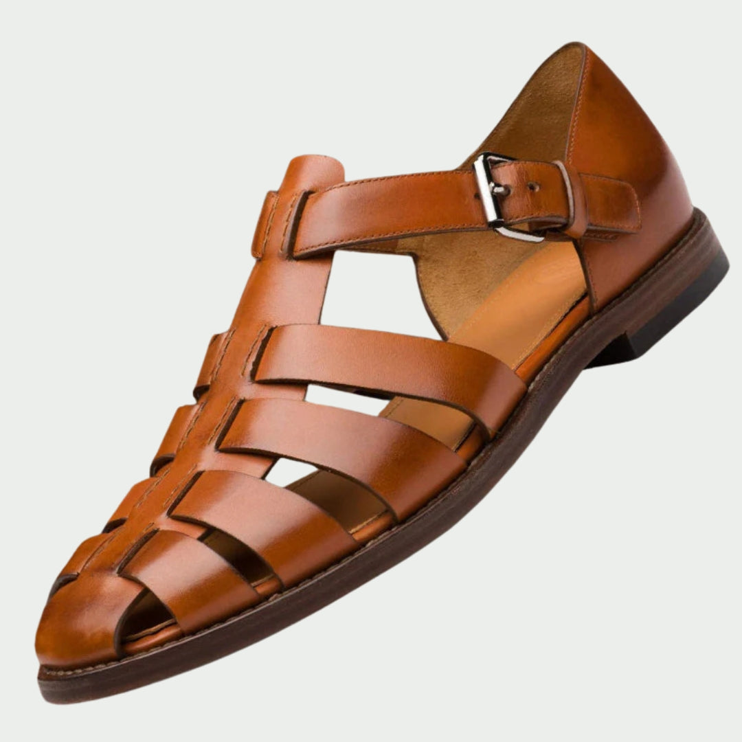 Erik herrsandaler med gladiatordesign i brunt läder – sidovy