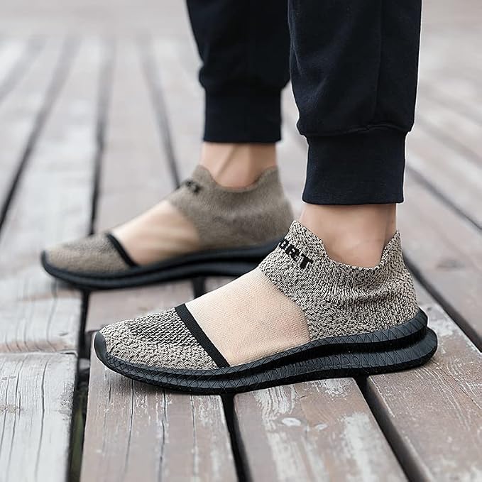 Lenaro herr stickade slip-on sneakers i khaki med flexibel sula
