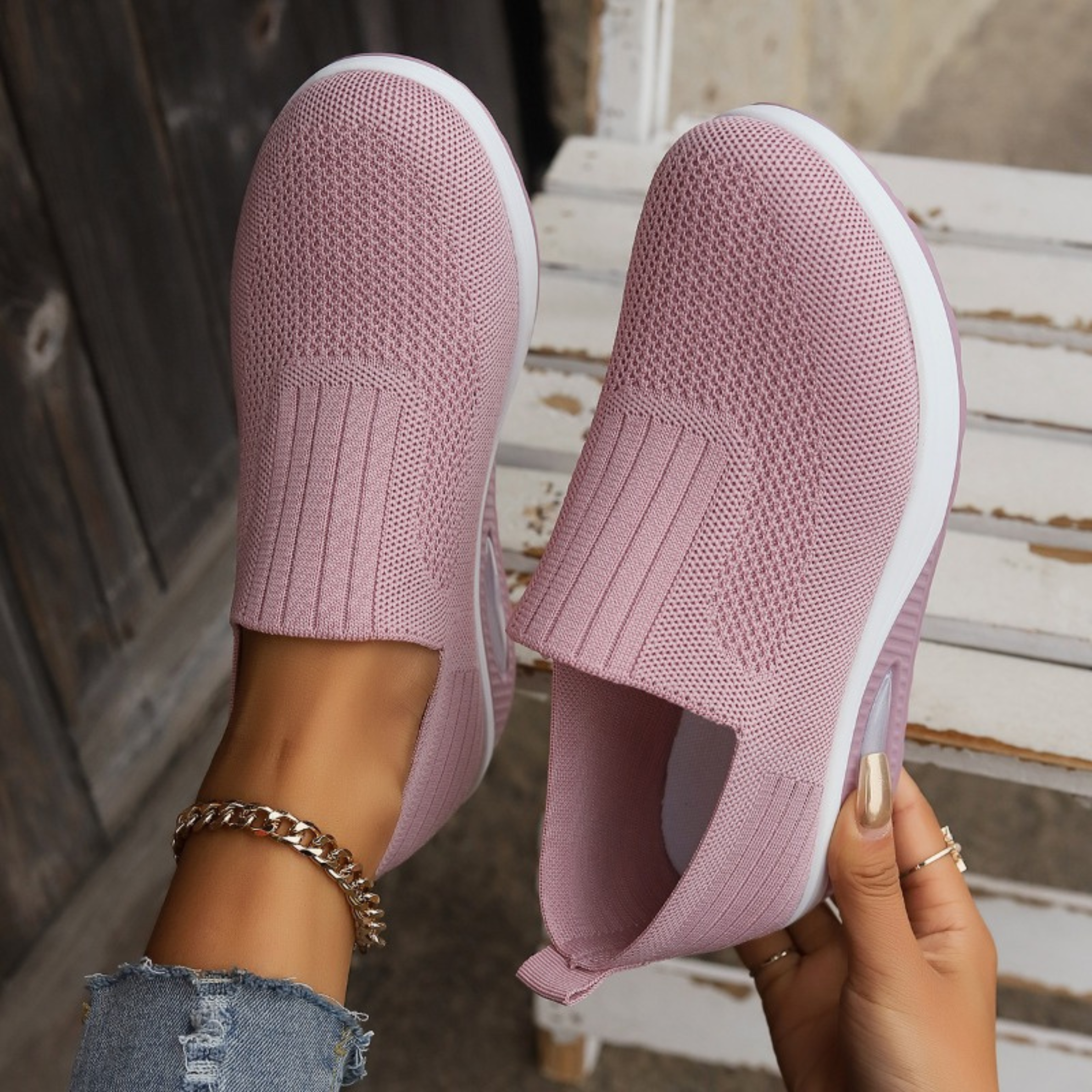 Lova ortopediska slip-on sneakers med stickat överdel och tjock sula för dam
