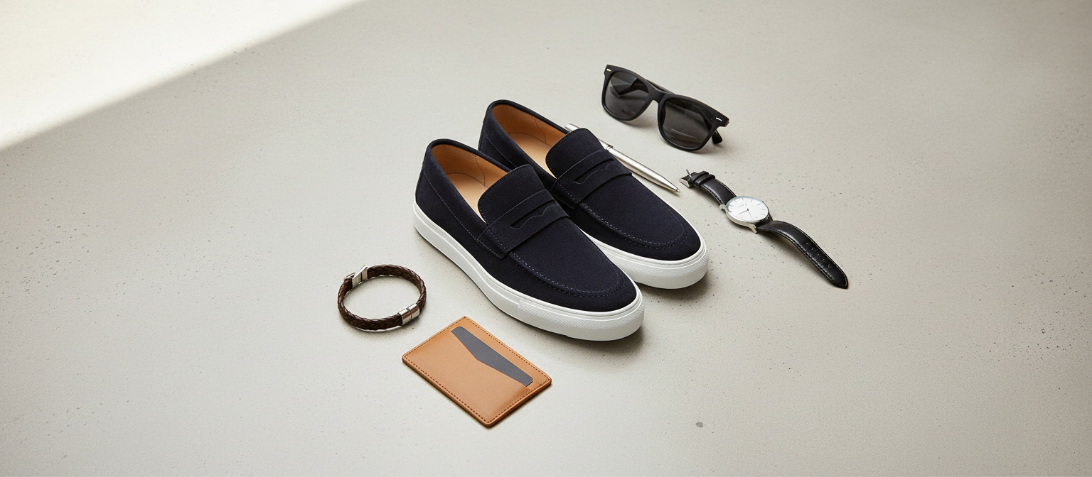 Navy loafers lifestyle flat lay