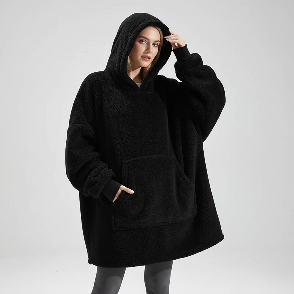 Närbild på mjuk plyschfleece-textur på oversized hoodie-filt
