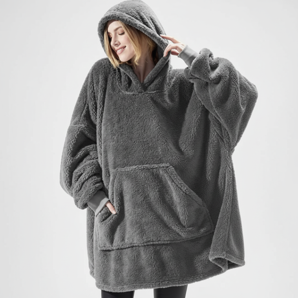 Dam i svart oversize hoodie-filt med huva uppdragen