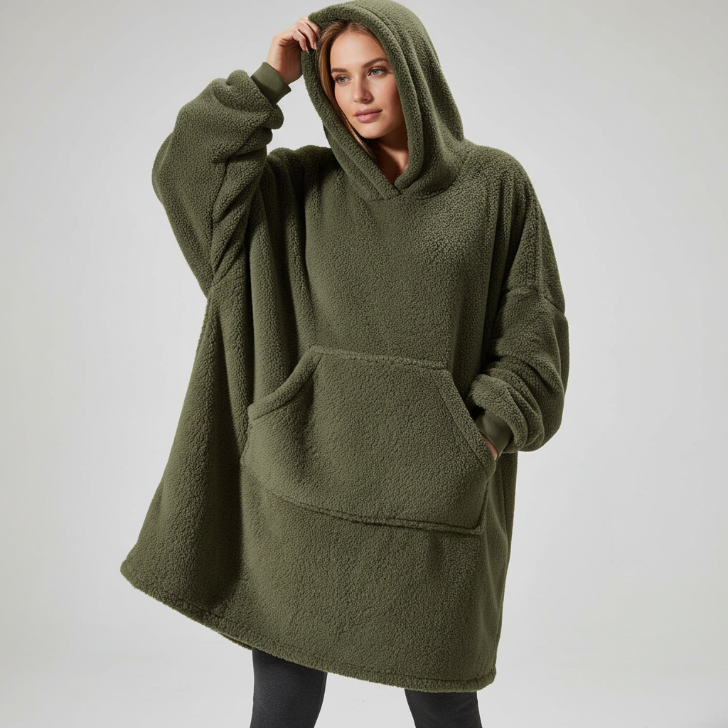 Stor känguruficka på dam hoodie-filt i mörkgrå fleece