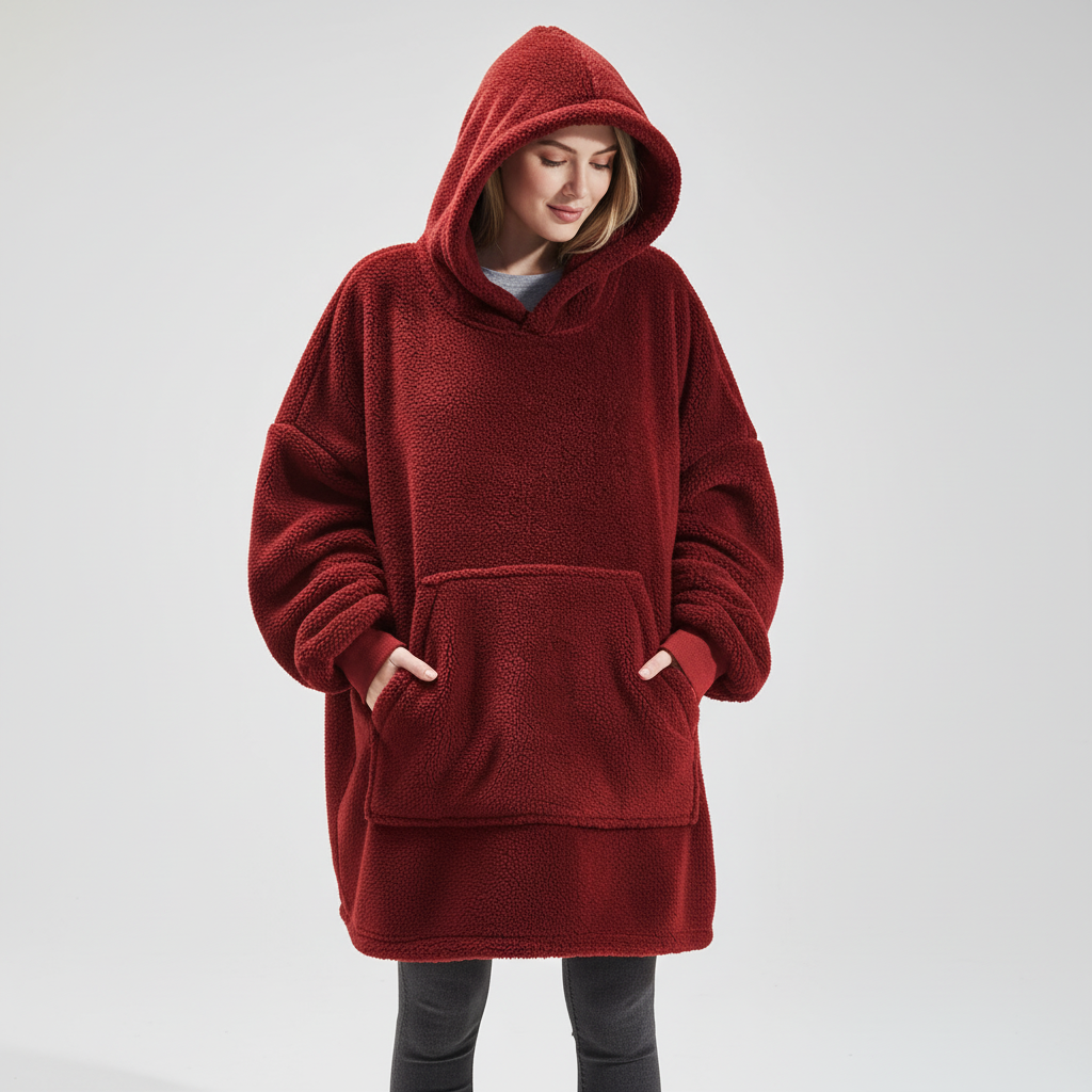 Detaljbild på huva och ficka på oversized fleece hoodie-filt