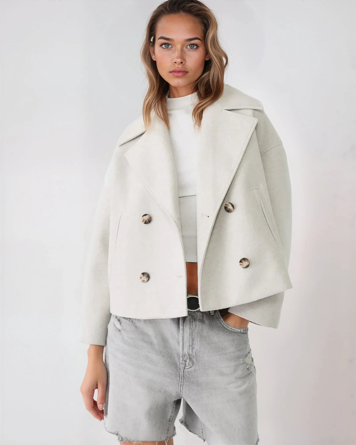 Vanessa Damjacka – Elegant & Varm Kort Dubbelknäppt Yllejacka för Vintern