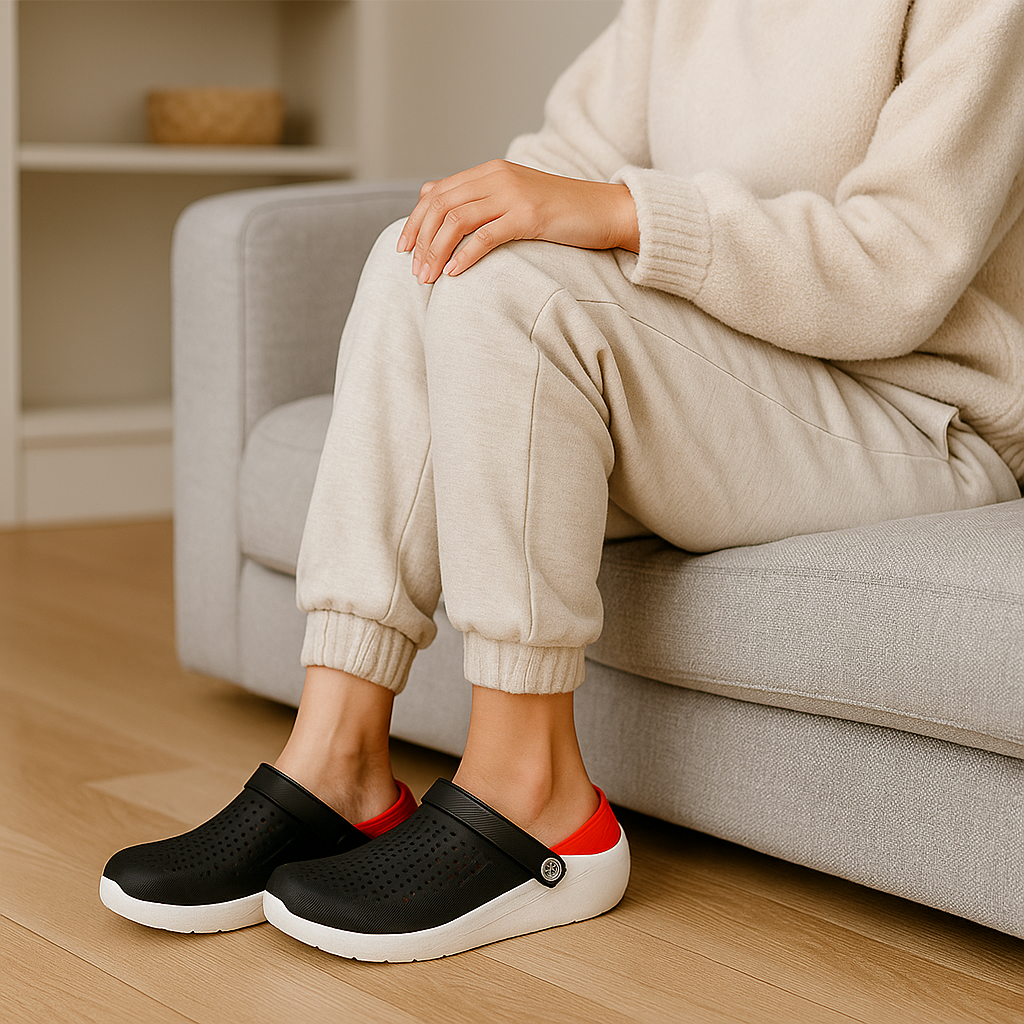 Närbild på den flexibla sulan i Solveig ortopediska damträskor