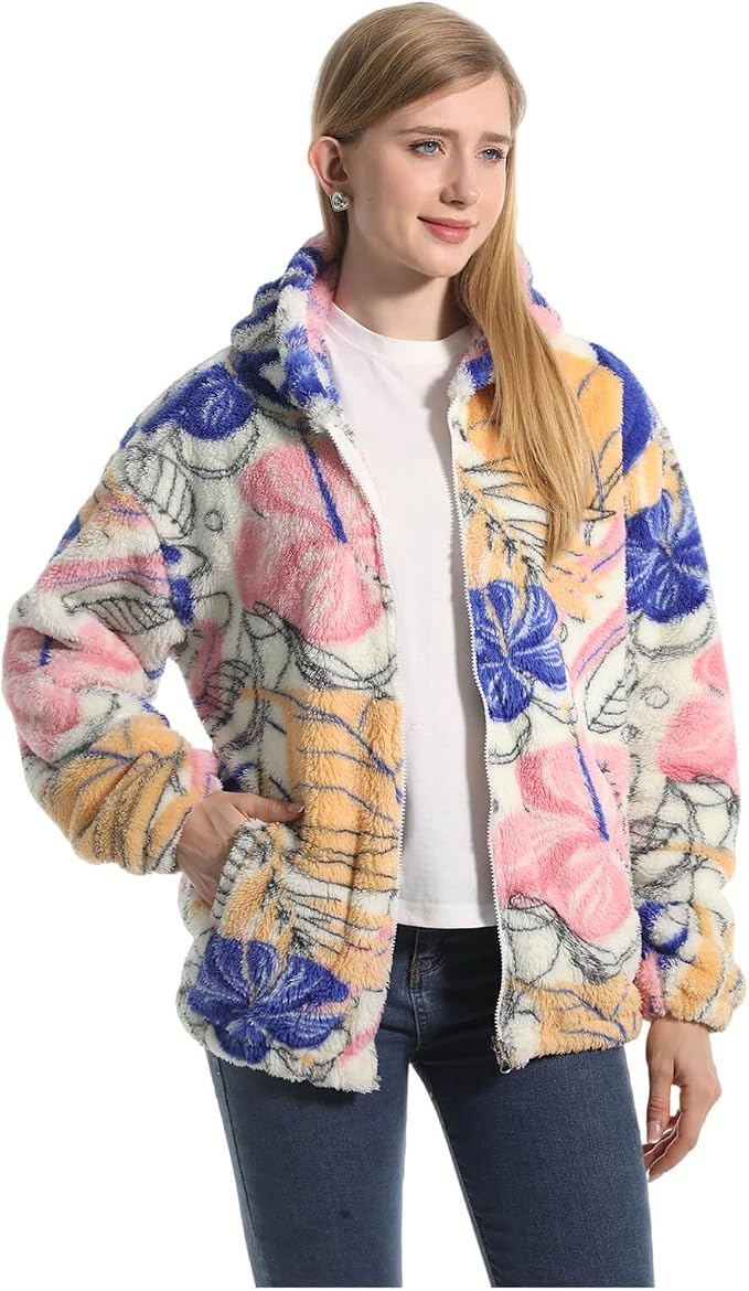 Sylvana dam teddy fleece jacka med färgglatt blommönster och huva